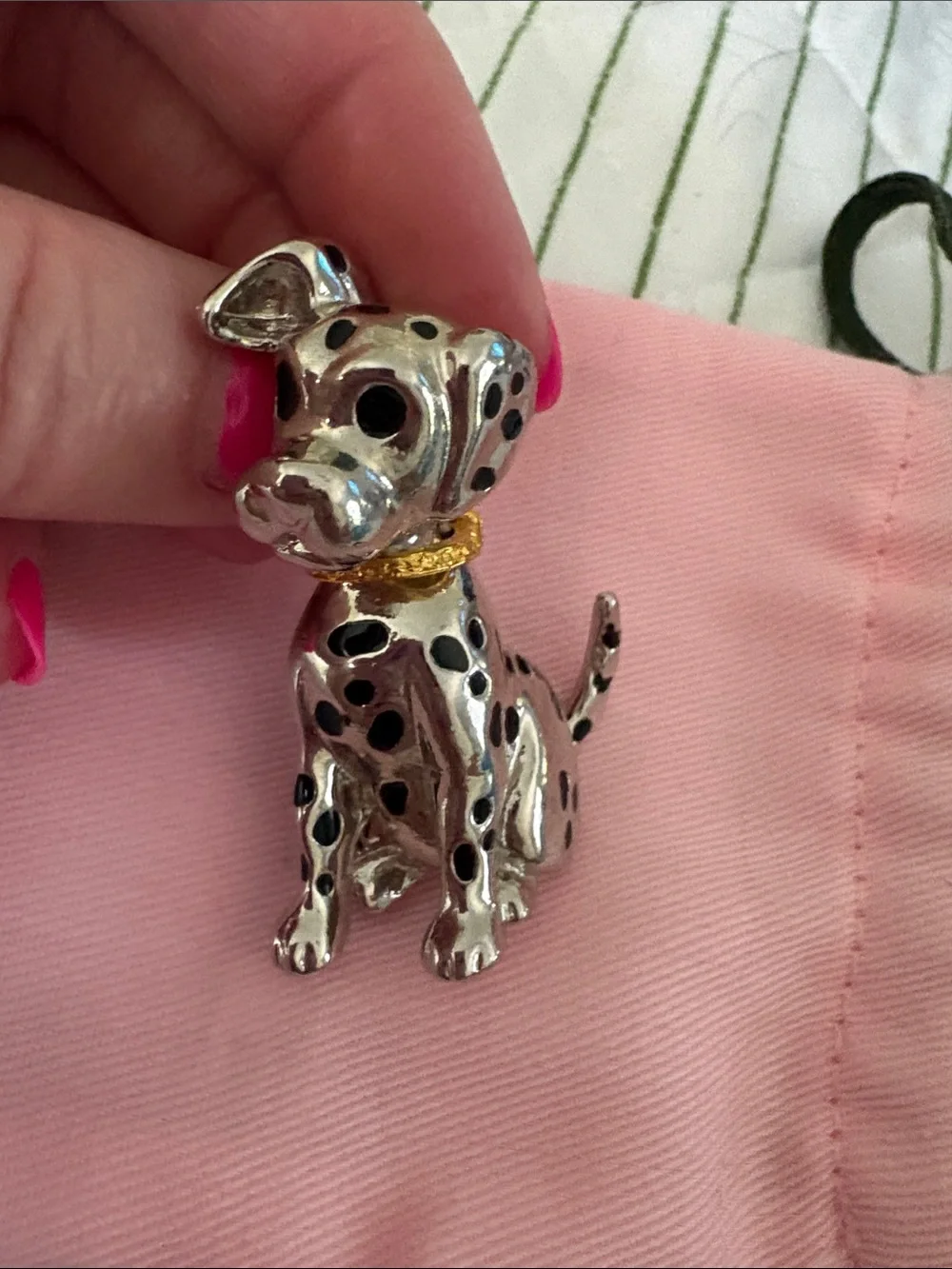 Silver Dalmatian Dog Brooch pin with Gold Collar